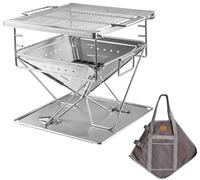 CAMPINGMOON 3 in 1 Portable Fire Pit 12 inch Foldable Stainless Steel Wood Burning Camping Stove BBQ Grill for 3 People Adjustable Height Outdoor Cooking Campfire Carry Bag included MT-035