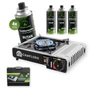 CAMPLORA Gas Stove + 4 Gas Cartridges + Carry Case with Piezo Ignition - Camping Stove 2.2 kW - Includes Safety Shut-Off
