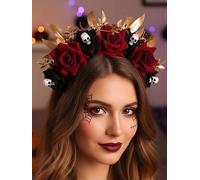 Campsis Red Rose Halloween Headband, Skull Leaf Hair Bands, Gothic Festival Cosplay Day of the Dead Hair Accessories for Women