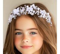 Campsis White Flower Girls Headpiece Crystal Princess Hair Band Pearl First Communion Headband Floral Wedding Bridal Hair Accessories for Women and Girls