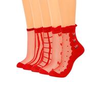 Campsis Women Sheer Socks, 5 Pairs Red Pattern Sheer Ankle Socks with Lace Design, Stripes, Florals, and Dots