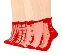 Campsis Women's Sheer Red Ankle Socks, Floral and Stripe Pattern, 5 Pairs