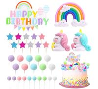 Camptrip Pack of 34 Unicorn Cake Decorations, 3D Unicorn Cake Toppers, Rainbow Cloud, Stars, Happy Birthday Stars, Ball, Cake Decoration for Girls and Boys