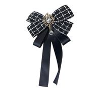 Campus Check Bow Tie with Ribbon and Decorative Rhinestones Elegant Brooch Pin Adjustable Pre-tied Bow Tie Elegant Bow Tie Brooch