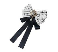 Campus Check Bow Tie with Ribbon and Decorative Rhinestones Elegant Brooch Pin Adjustable Pre-tied Bow Tie Elegant Bow Tie Brooch