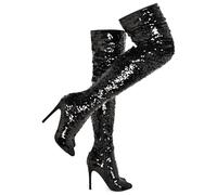 CAMSSOO Thigh High Boots for Women Sequin Open Toe Sparkly Stiletto Over The Knee Boots, Black, 7 UK