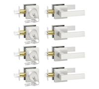 Camtek Front Door Handle and Deadbolt Sets, Exterior Door Lock with Single Cylinder Deadbolt Lock, Flat Square Passage Brushed Nickel Door Handles for Front Door, 4 Pack (All Same Keyed Alike)