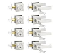 Camtek Front Door Handle and Deadbolt Sets, Exterior Door Lock with Single Cylinder Deadbolt Lock, Flat Square Brushed Nickel Door Handles for Front Door, 4 Pack (All Same Keyed Alike)