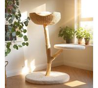 CAMTTIR Natural Wooden Cat Tree Tower - Modern Cat Condo with Dangling Ball, Cozy Baskets, Scratching Posts, for Large Indoor Cats, Solid Wood Aesthetic Pet Furniture(35" Tall)