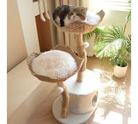CAMTTIR Natural Wooden Cat Tree Tower - Modern Cat Condo with Dangling Ball, Cozy Baskets, Scratching Posts, for Large Indoor Cats, Solid Wood Aesthetic Pet Furniture(43" Tall)