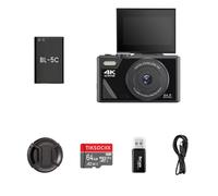 camzoomy vlogging camera，4K digital camera with flip-out screen, complete with 64GB memory card + card reader + Android adapter, 64-megapixel resolution