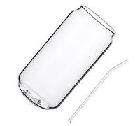 Can Shaped Glass Cups- 17oz Clear Drinking Glasses with Glass Straw- Iced Coffee Cup Cute Glass Tumbler for Whiskey Wine Soda Juice Cocktail Beverage
