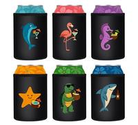 Can Sleeve Cooler Insulated Drink Hugger Coolies Tropical Sea Animals, Creatures, Beach Theamed Drink Cover. High Quality Black Neoprene Material. Neoprene Collapsible Beer Soda Holder.