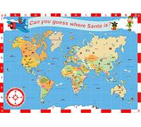 Can you guess where Santa is? Christmas Illustrated Map of The World with Alphanumeric Grid - Paper Laminated - Size 1 x 0.7m (Approx)