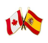 Canada and Spain Friendship Flag Enamel Lapel Pin Badge 1.9 x 1.4cm Crossed Waving National Flags Design Gold Tone Metal with Maple Leaf and Spanish Coat of Arms for Jackets Bags Hats