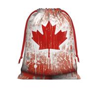 Canada Flag Christmas Drawstring Burlap Gift Bag Tartan Plaid With Kraft Tag Polyester Holiday Home Gift Storage - Small