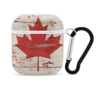 Canada Flag Grunge Wood Funny Case Cover Compatible for AirPods 1 & 2 Earbuds Protective Hard Cover with Keychain