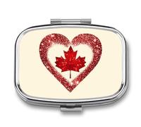 Canada Flag Heart Glittery Portable Pill Organizer with 2 Compartments Square Medicine Box Compact Travel Pharmacy Case