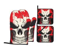 Canada Flag Skull Oven Mitts and Pot Holders 4 Pcs Set,High Heat Resistant 500 Degree Extra Thicken Long Kitchen Cotton Oven Glove for Cooking