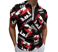 Canada Maple And Moose Flag Men's Short Sleeve Polo Shirts Casual Zippered Golf Shirt Slim Fit T-Shirt Tops
