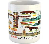 Canada Mug,Various Canadian Famous Circle Shape Moose Totem Pole Toronto Vancouver Beaver,Ceramic Coffee Mug Cup for Water Tea Drinks,11 oz,White Brown