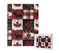 Canada Patchwork Leaves Plaid Moose Red Black Personalised 500 Piece Wooden Jigsaw Puzzle For Adults, Custom Portrait Picture