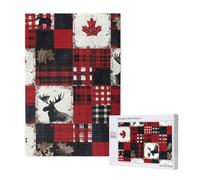 Canada Patchwork Moose Leaves Plaid Red Black Personalised 1000 Piece Wooden Jigsaw Puzzle For Adults, Custom Portrait Picture