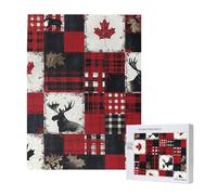 Canada Patchwork Moose Leaves Plaid Red Black Personalised 500 Piece Wooden Jigsaw Puzzle For Adults, Custom Portrait Picture