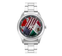Canada United States and Mexico Flag Men's Steel Strap Watch Easy Reader Casual Silver Dial Fashion Analog Watches