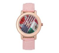 Canada United States and Mexico Flag Women's Leather Watch Easy Reader Minimalist Wristwatch Pink Rose Gold Strap Watches