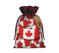 Canadian Flag Christmas Drawstring Linen Gift Bag Paired With Scottish Plaid Fabric, With A Delicate And Simple Texture