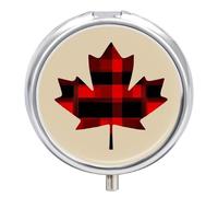 Canadian Flag Maple Tartan Checked Mini Pill Organizers Cute Round Pills Box Portable 3 Compartment Medicine Case Box for Travel