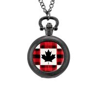 Canadian Flag Scottish Tartan Plaid Checkered Vintage Pocket Watches Roman Numerals Quaretz Watch with Chain Christmas Birthday Gifts Black-Style