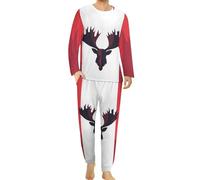 Canadian Flag with Moose Head Men's Pajama Suit Cozy Sleepwear Long Sleeve Top & Bottom Pant PJ Set Nightwear