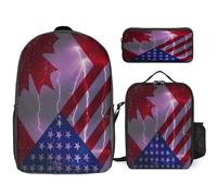 Canadian U.S.A Flag Thunderbolt Travel Backpack 3 Piece with Pencil Case Insulated Lunch Box Laptop Bag 17 Inch Casual Daypack Set