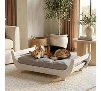 CANAGAN Elevated Wood Dog Bed Frame with Cushion, WhiteMaplePattern, Medium | Raised Dog Couch Bed with Washable Cover and Plush PP-Filled Cushion, Furniture-Style for Indoor Living
