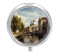 Canal and Church Pill Organizer Portable Pill Box Round Pill Case Exquisite Waterproof Travel Medicine Organizer Fashion Metal Pill Container for Vitamins Medicine Box