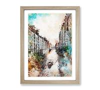 Canal Boat In Hamburg Germany In Abstract Modern Framed Wall Art Print, Ready to Hang Picture for Living Room Bedroom Home Office Décor, Oak A2 (64 x 46 cm)