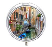 Canal Boat in Venice Italy Iron Pill Box Case Organizer with Internal Separate Plastic Dividers, Travel Small Medicine Bag Holder Carrier Round Container