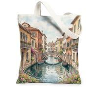 Canal Canvas Tote Bag for Women, Venetian Artistic Buildings Flowers Summer Blue Washable Reusable Everyday Tote Bags Ideas for Shopping Trips Office Library Casual 13x15 Inch