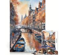 Canal Scene in Amsterdam for Adults 1000 Piece Jigsaw Puzzle Cognitive Workout Restful Escape No Rough Edges Ideal Present (38x52cm)