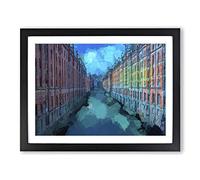 Canal Through Hamburg In Abstract Modern Art Framed Wall Art Print, Ready to Hang Picture for Living Room Bedroom Home Office Décor, Black A3 (46 x 34 cm)