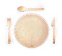 Canape King 250 pcs Disposable Palm Leaf Plates and Cutlery Set - 50x Round Plates, Forks, Knives, Spoons, Napkins - Eco-Friendly Wedding Party Picnic Biodegradable Dinnerware Bundle