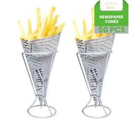 Canape King Newspaper Print Cones - Disposable Medium Grease Proof Chip Cone Finger Fries Snacks Foods Serving - for Wedding Parties Catering Event (50, 18 x 13 x 7 cm)