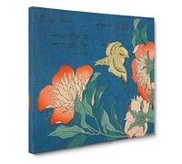 Canary and Peony by Katsushika Hokusai Asian Japanese Canvas Wall Art Print Ready to Hang, Framed Picture for Living Room Bedroom Home Office Décor, 14x14 Inch (35x35 cm)