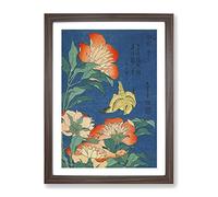 Canary And Peony By Katsushika Hokusai Asian Japanese Framed Wall Art Print, Ready to Hang Picture for Living Room Bedroom Home Office Décor, Walnut A4 (34 x 25 cm)