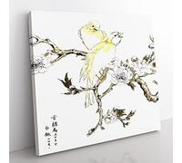 Canary Birds & Peach Blossom by Numata Kashu Asian Japanese Canvas Wall Art Print Ready to Hang, Framed Picture for Living Room Bedroom Home Office Décor, 35x35 cm (14x14 Inch)