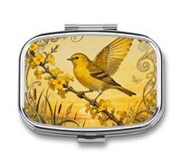 Canary Jasmine Branch Pill Box 2 Compartments Portable Travel Pill Case Mini Medicine Organizer for Pocket Purse Metal Waterproof Medicine Container Holder Vitamin Fish Oil