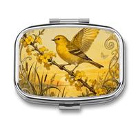 Canary Jasmine Branch pilldispenser with Mirror 2 Compartments Waterproof PillCase for Purse Pocket Non-Slip Grip Travel Medicine Organizer Container Box for Vitamin Fish Oil Supplement