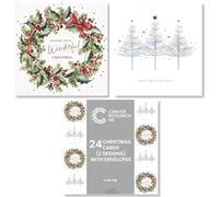 Cancer Research UK Box of 24 Charity Christmas Cards - 2 Designs - Wreath & Tree Duo